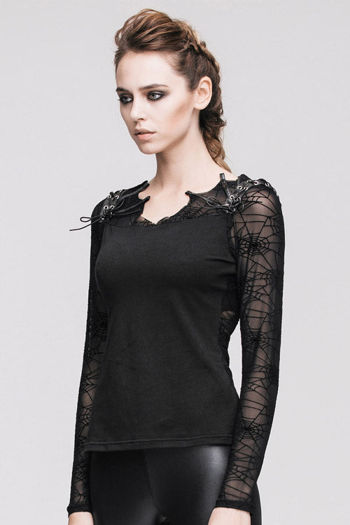 Black Sexy Transparent Spiderweb Back Mesh Long Sleeves Punk Women T-Shirt - Product - 6