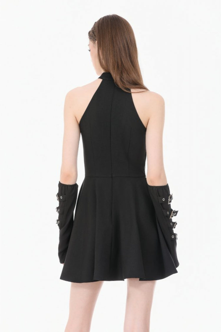 Black Buckled Zippered Women's Punk Halterneck Dress - Product - 8