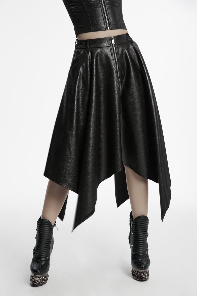 Black Irregular Zippered Women's Punk Cool Faux Leather Skirt - Product - 6