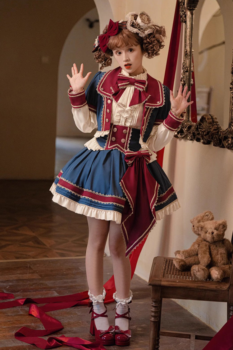 Red/White/Blue Star Idol Round Collar Ruffle Bowknot Sweet Princess Lolita Skirt Full Set - Red/White/Blue - 1