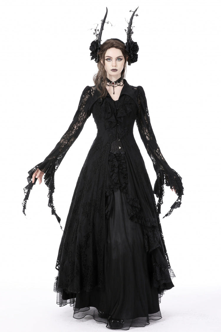 Black Lapel Collar Long Sleeves Ruffled Irregular Lace Lace-Up Women's Gothic Jacket Dress - Product - 8
