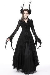Black Lapel Collar Long Sleeves Ruffled Irregular Lace Lace-Up Women's Gothic Jacket Dress - Product - 8