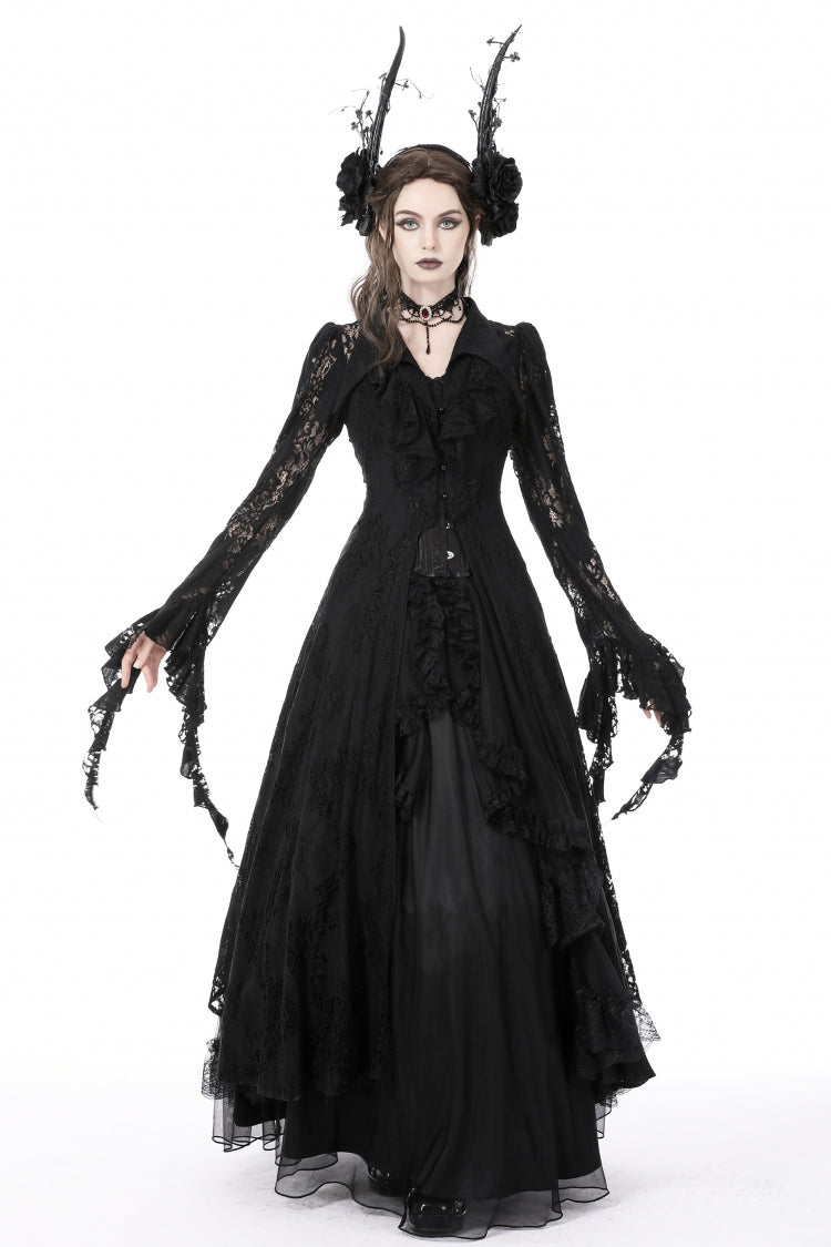 Black Lapel Collar Long Sleeves Ruffled Irregular Lace Lace-Up Women's Gothic Jacket Dress - Product - 8