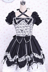 Black/White Cotton Square Collar Lace Trim Gothic Lolita Dress - Black/White - 1