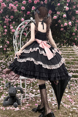 Black [Miss Pearl] Sleeveless Double-Layered Bowknot Lace Lace-Up Sweet Lolita Jsk Dress - Product - 2