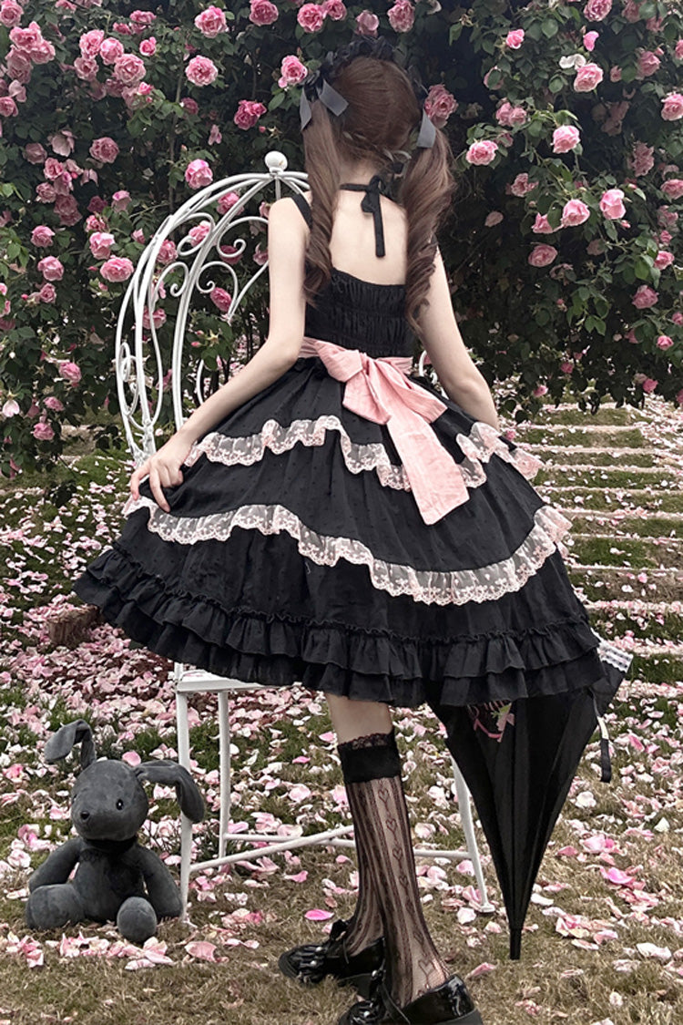 Black [Miss Pearl] Sleeveless Double-Layered Bowknot Lace Lace-Up Sweet Lolita Jsk Dress - Product - 2