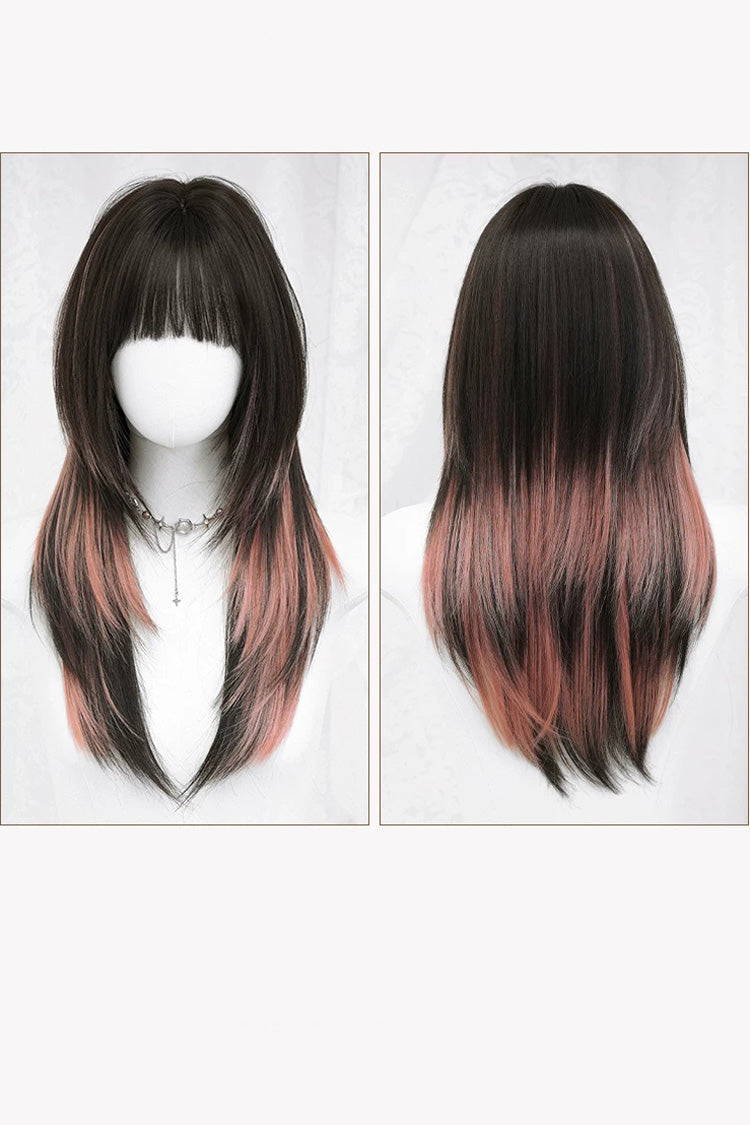 Black/Pink Ombre Fluffy High-Layered Long Straight Wig with Air Bangs - Product - 8