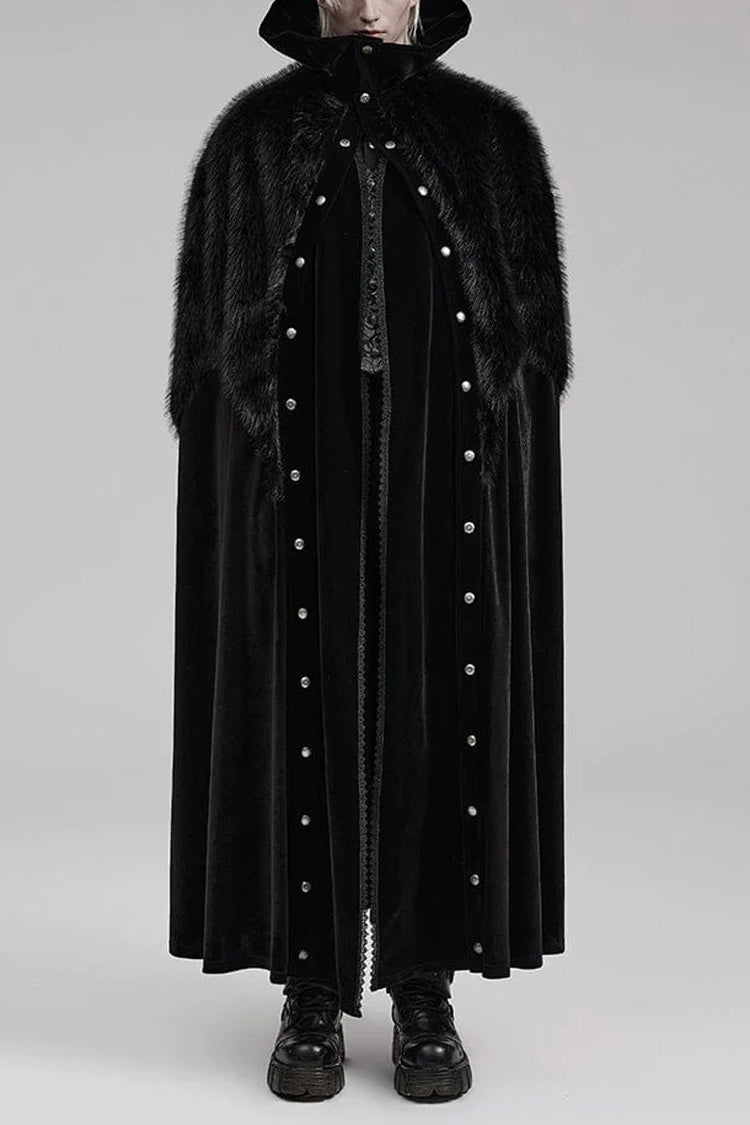 Black Stand Collar Ruffle Irregular Plush Stitching Mens Gothic Gorgeous Cloak - Black - 1