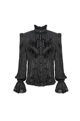 Black Vintage Stand Collar Striped Collar Floral Lace Men's Gothic Shirt - Product - 7