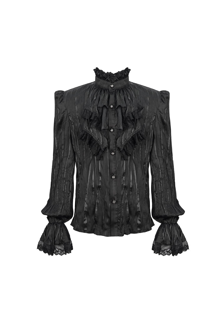 Black Vintage Stand Collar Striped Collar Floral Lace Men's Gothic Shirt - Product - 7