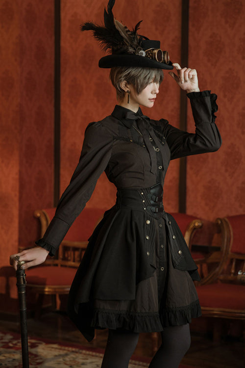 Black/Brown Single Breasted Long Sleeves Ruffled Striped Print Ouji Lolita Dress - Product - 6