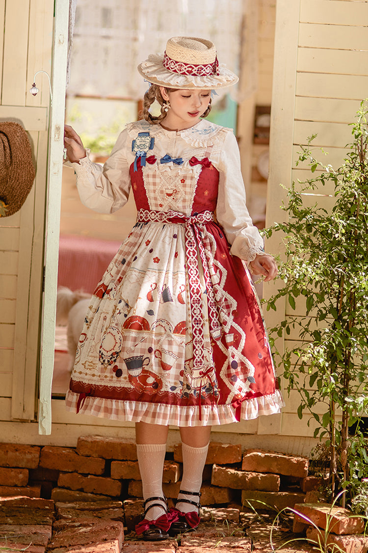Red [Tea Party] Print Ruffle Bowknot Lace Sweet Elegant Lolita Jsk Dress - Red - 1