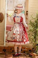 Red [Tea Party] Print Ruffle Bowknot Lace Sweet Elegant Lolita Jsk Dress - Red - 1