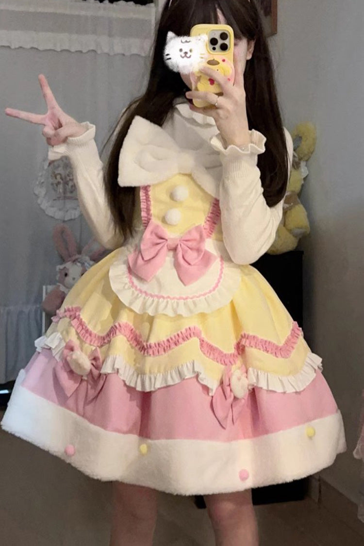 [Cream Snow Cat] Winter Ruffle Bowknot Sweet Lolita Jsk Dress 3 Colors - Yellow/Pink - 8