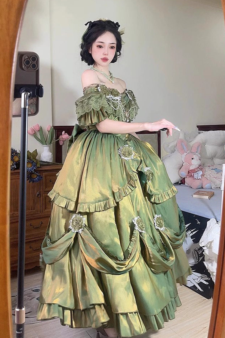 Green Tana Manor Rose Flower Long Sleeves Ruffle Bowknot Elegant Sweet Princess Lolita Strapless Dress - Product - 3