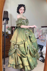 Green Tana Manor Rose Flower Long Sleeves Ruffle Bowknot Elegant Sweet Princess Lolita Strapless Dress - Product - 3