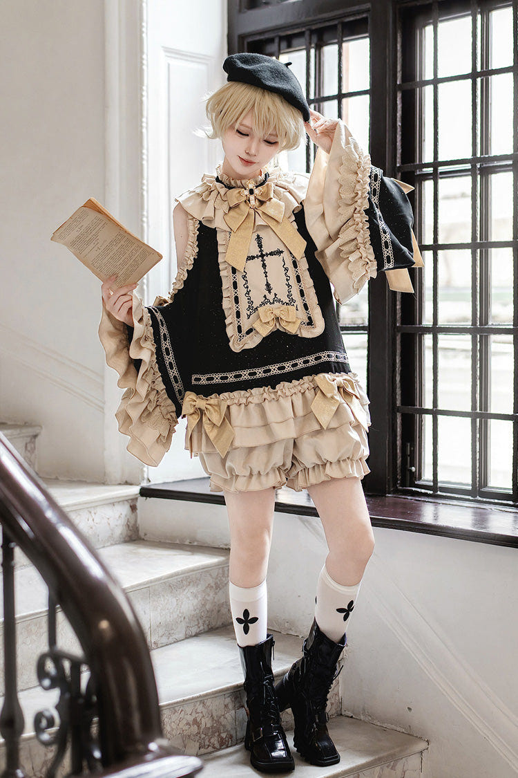 Black/Gold [Saint Child of the Cross] Round Collar Off Shoulder Long Trumpet Sleeves Ruffled Bow Gothic College Style Ouji Lolita Set - Black/Gold(Set) - 1