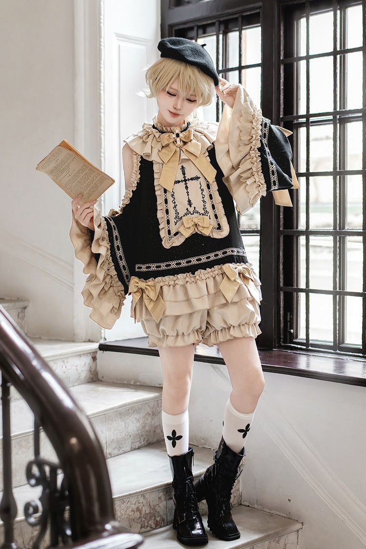 Black/Gold [Saint Child of the Cross] Round Collar Off Shoulder Long Trumpet Sleeves Ruffled Bow Gothic College Style Ouji Lolita Set - Black/Gold(Set) - 1