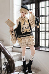Black/Gold [Saint Child of the Cross] Round Collar Off Shoulder Long Trumpet Sleeves Ruffled Bow Gothic College Style Ouji Lolita Set - Black/Gold(Set) - 1