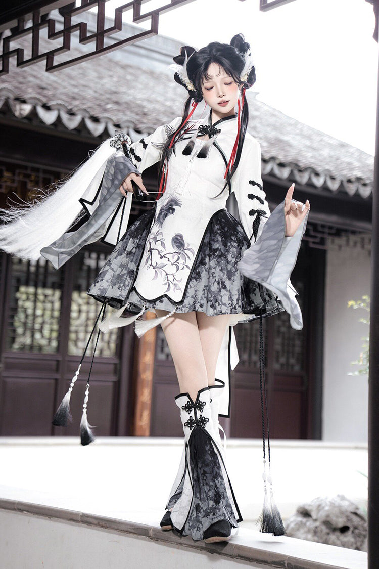 Black/White [Magpie Feather] Stand Collar Shorty High Waisted Printed Embroidered Women's Classic Hanfu Dress Set - Product - 2