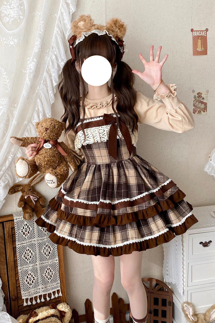 Brown Sleeveless Double-Layered Plaid Print Ruffle Bowknot Lace Sweet Lolita Jsk Dress - Brown - 1