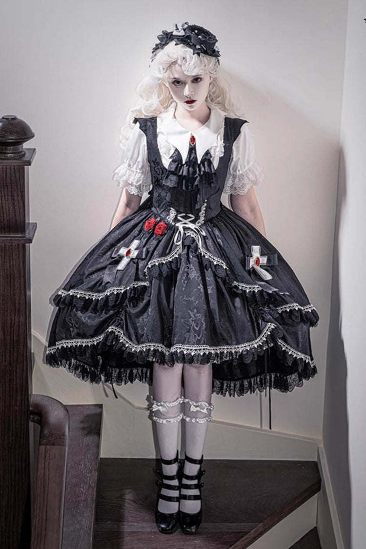 Black [Night Rose] Ruffle Bowknot Lace-Up Short Front and Long Back Gothic Gorgeous Lolita Jsk Dress - Product - 7