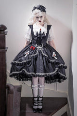 Black [Night Rose] Ruffle Bowknot Lace-Up Short Front and Long Back Gothic Gorgeous Lolita Jsk Dress - Product - 7