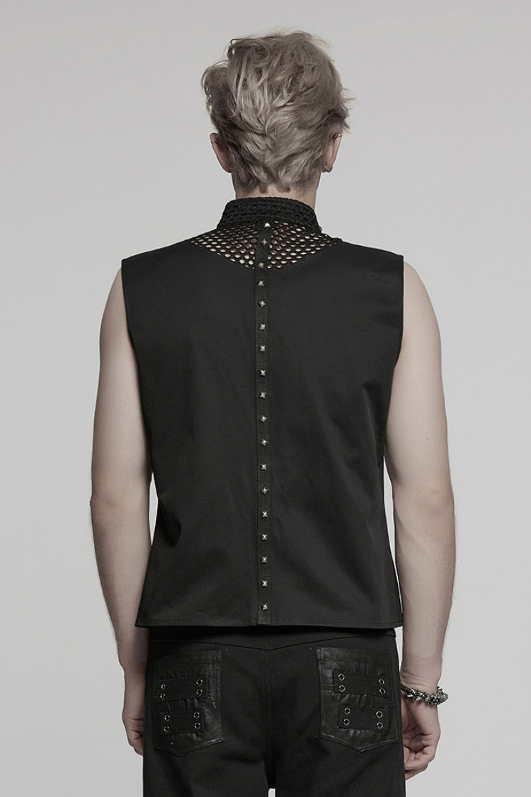 Black Stand Collar Stitching Mesh Men's Punk Vest - Product - 3
