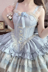 Pink Sleeveless Multi-Layered Ruffle Bowknot Lace Lace-Up Sweet Princess Lolita Jsk Dress - Blue - 3