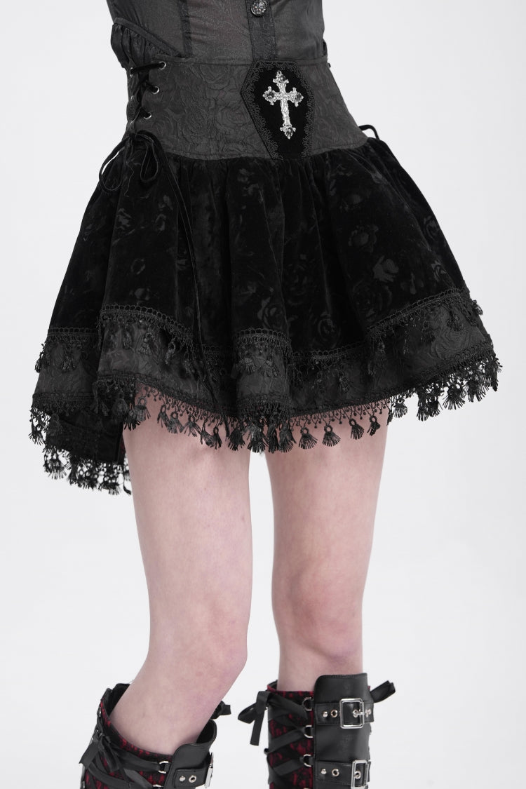Black Cross Tassel Print Women's Gothic Skirt - Product - 3