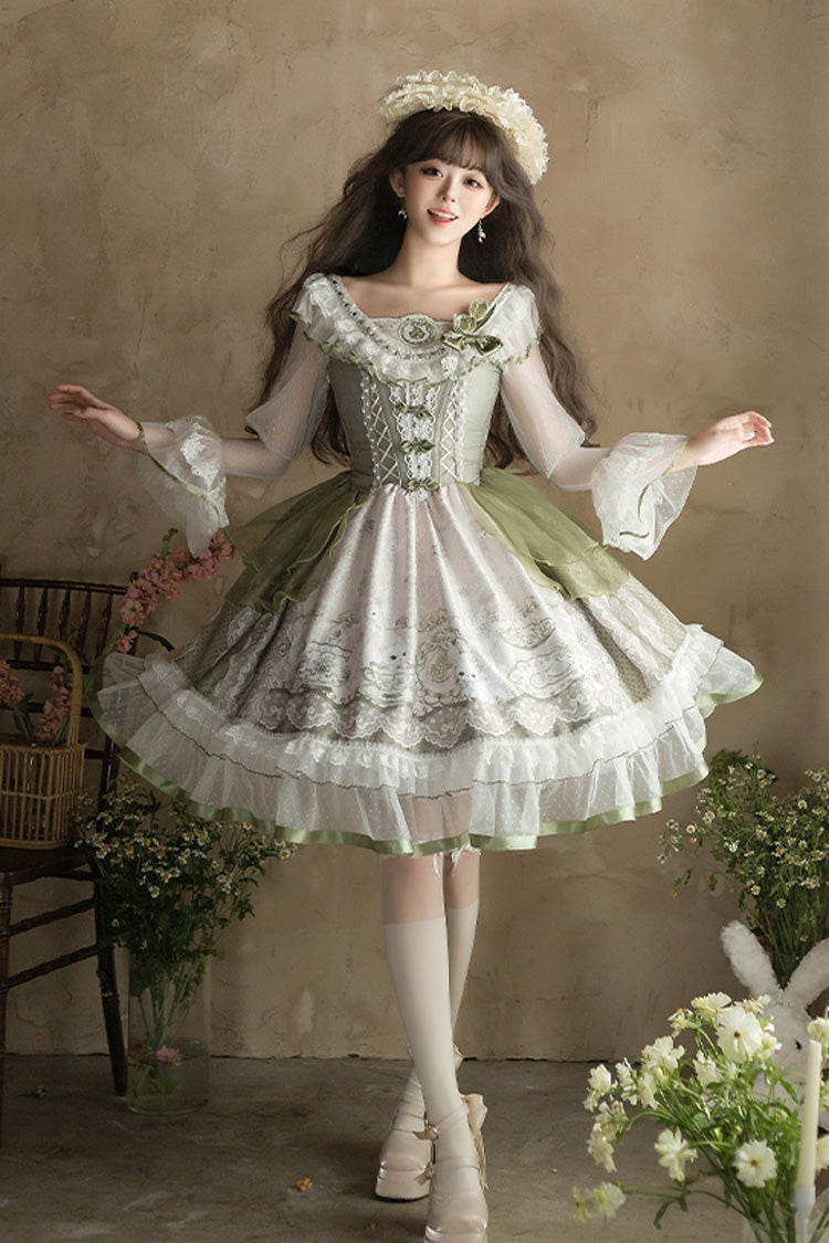 Green [Teacup Rabbit Little Fresh] Print Ruffle Bowknot Lace Lace-Up Sweet Lolita OP Dress - Product - 4
