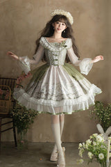 Green [Teacup Rabbit Little Fresh] Print Ruffle Bowknot Lace Lace-Up Sweet Lolita OP Dress - Product - 4