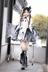 Black/White [Magpie Feather] Stand Collar Shorty High Waisted Printed Embroidered Women's Classic Hanfu Dress Set - Product - 3