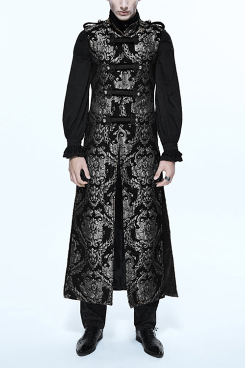 Black And Silver Court Floral Gothic Mens Long Coat - Black/Silver - 1