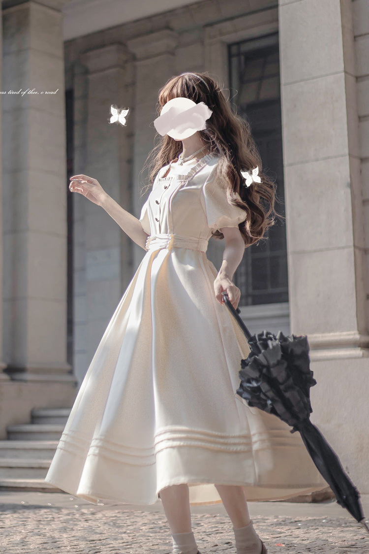 Apricot [Random Thoughts] Square Collar Short Sleeves Ruffle Classic Vintage Elegant Lolita Dress - Product - 14