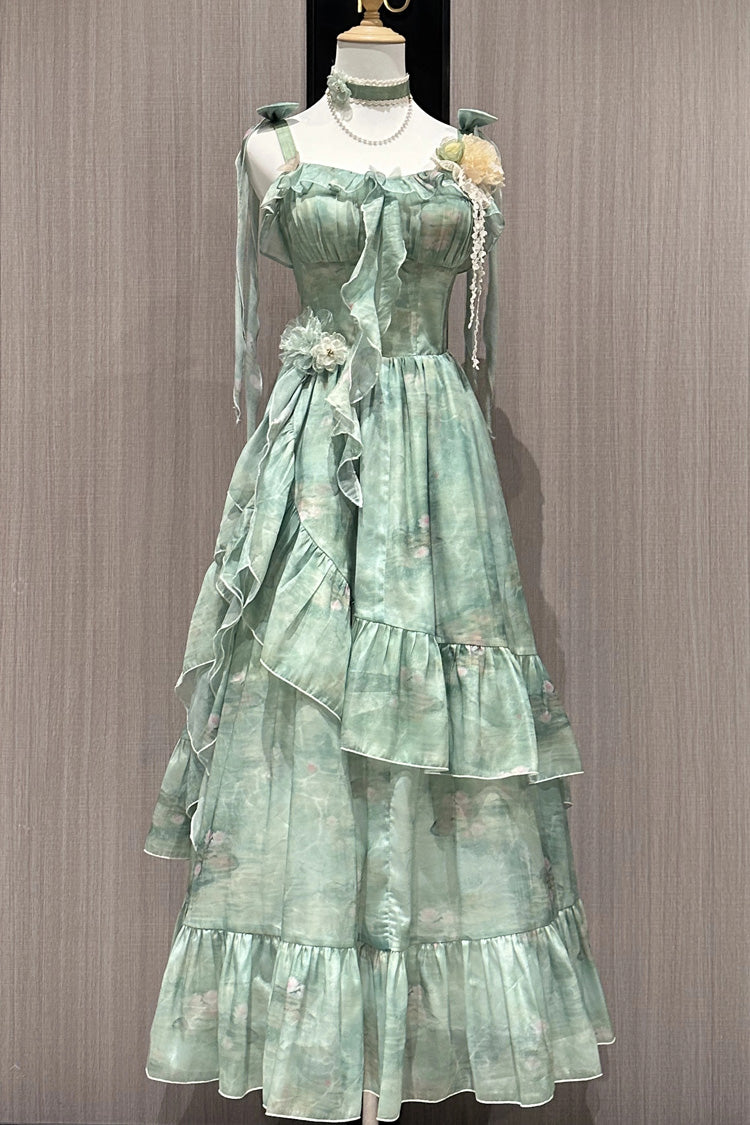 Green [Forest Garden] Print Ruffle Bowknot Sweet Lolita Jsk Long Dress - Green - 1