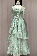 Green [Forest Garden] Print Ruffle Bowknot Sweet Lolita Jsk Long Dress - Green - 1