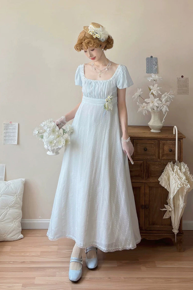 Blue Square Collar Short Sleeves Jacquard Ruffled Lace Sweet Elegant Lolita Dress - Product - 3