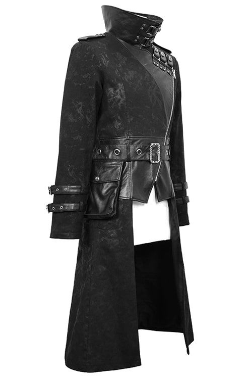 Black Open Collar Printed Belted Long Mens Punk Coat - Product - 6
