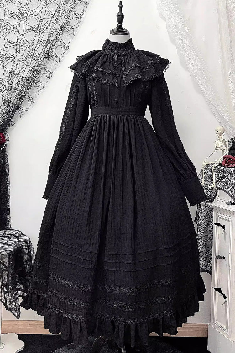 Black [Quiet Place] Long Sleeves Jacquard Ruffle Embroidery Bowknot Gothic Lolita Dress - Product - 3