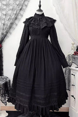 Black [Quiet Place] Long Sleeves Jacquard Ruffle Embroidery Bowknot Gothic Lolita Dress - Product - 3