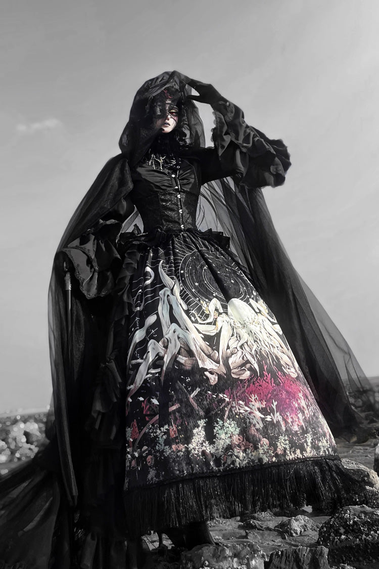 Black [Reborn Ancient God] Long Hime Sleeves Print Lace Gothic Lolita Skirt Dress Set - As The Picture - 1