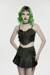 Black/Green Spliced Lace Lace-Up Slim Color-Blocked Zippered Women's Punk Cool Corset - Black/Green - 1