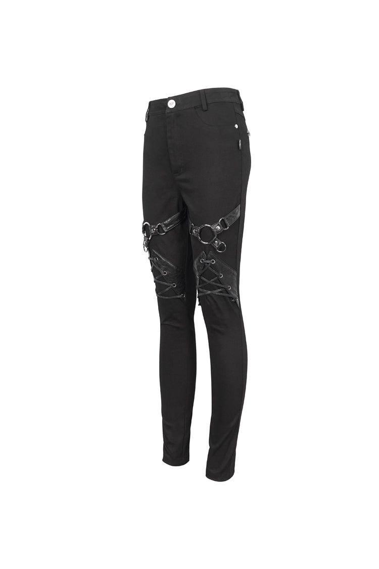 Black Slightly Elastic Twill Pu Tie Rope Decoration Women's Punk Trousers - Product - 7
