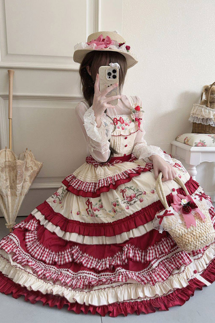 Red [Strawberry Basket] Square Collar Multi-Layered Printed Ruffled Embroidered Bow Sweet Lolita Jsk Dress - Product - 5