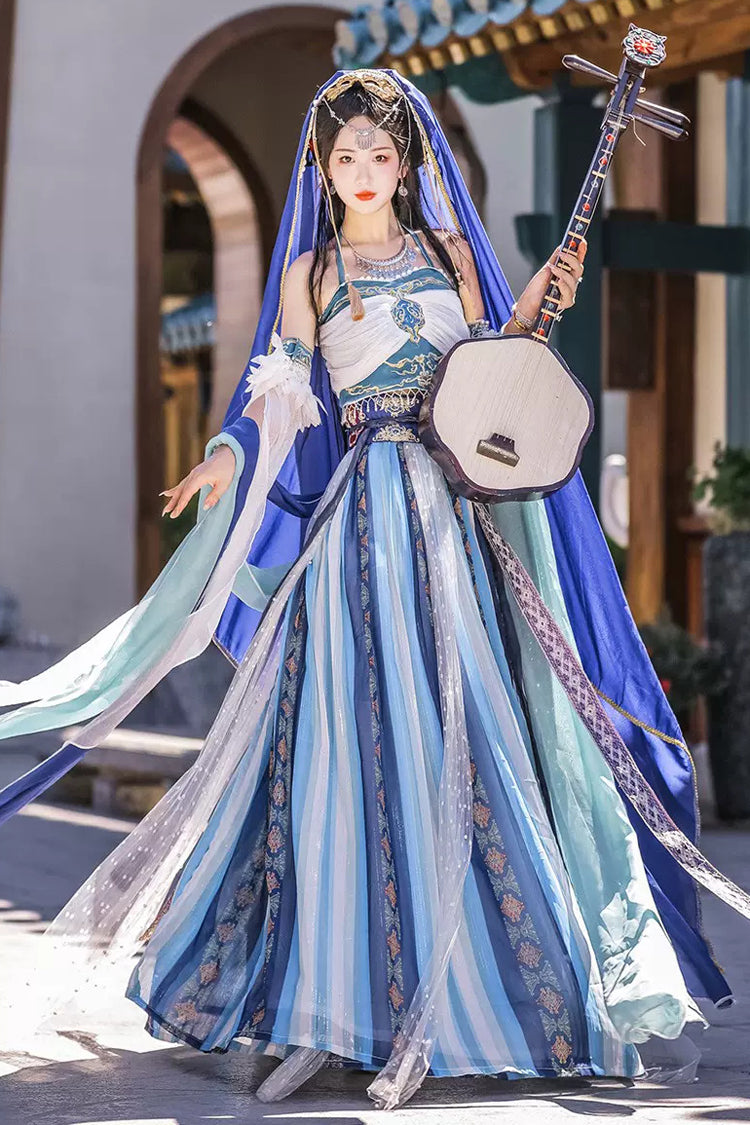 Dunhuang High Waisted Exotic Print Irregular Women's Classic Hanfu Dress Full Set 2 Colors - Blue - 3