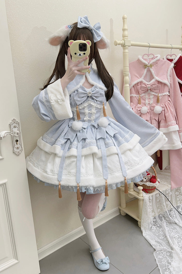 Blue [Snow Rabbit] Long Sleeves Ruffle Bowknot Fake Two Pieces Sweet Lolita Dress - Product - 2