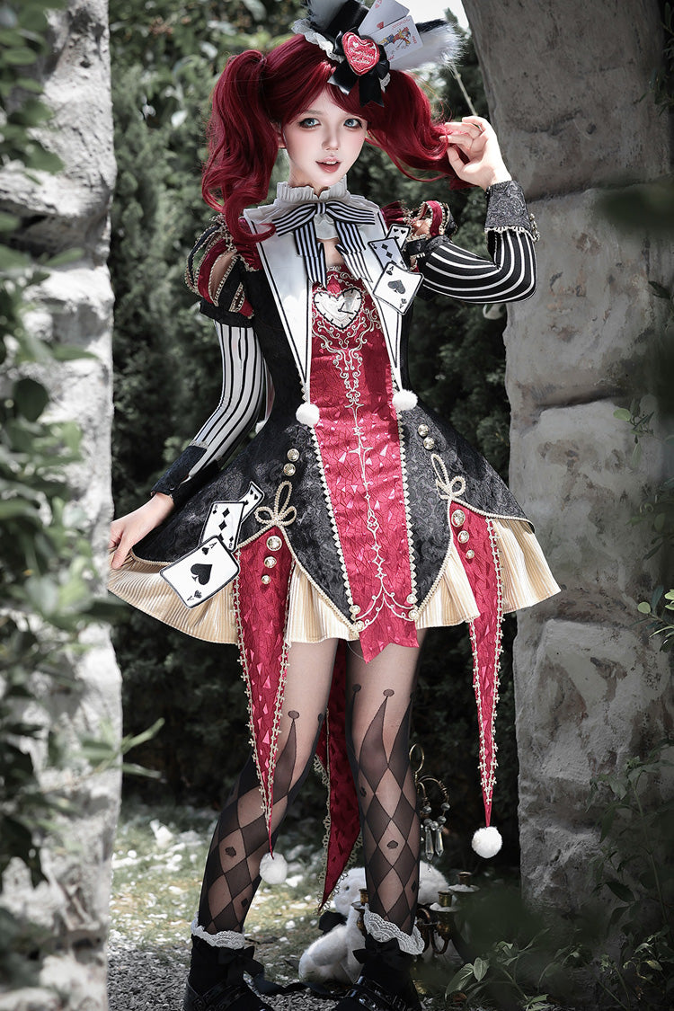 Black/Red [Circus Fantasy Night] Stand Collar Long Sleeves Jacquard Bow Gothic Lolita Dress Set - Product - 10