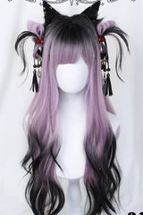 Black/Purple Ombre Blunt Bangs with Curls Sweet Lolita Wig - Black/Purple - 1
