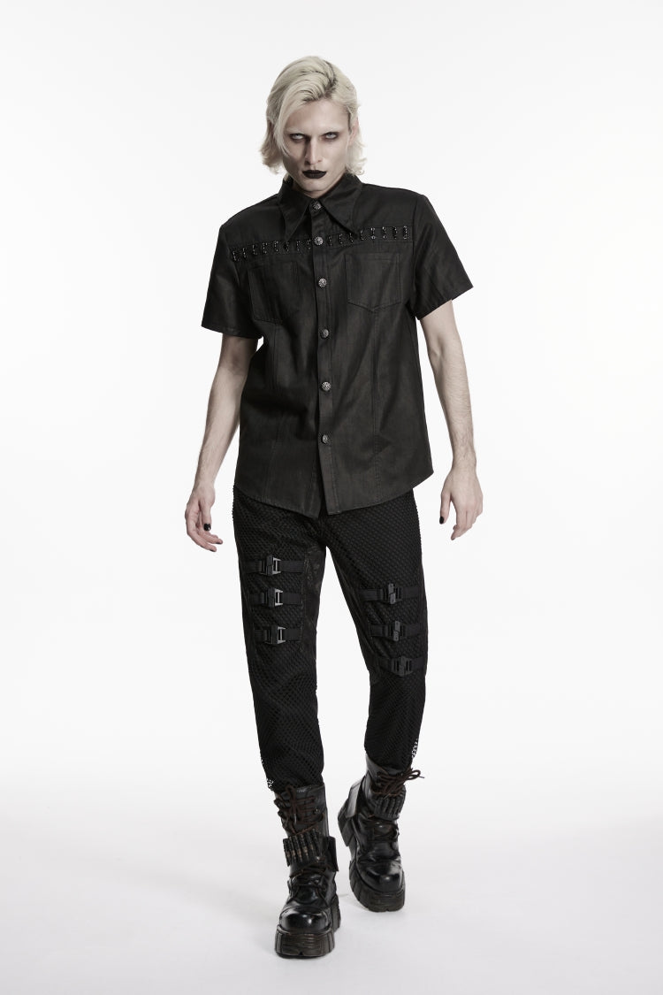 Black Rings  Lapel Collar Short Sleeves Men's Punk Shirt - Product - 5